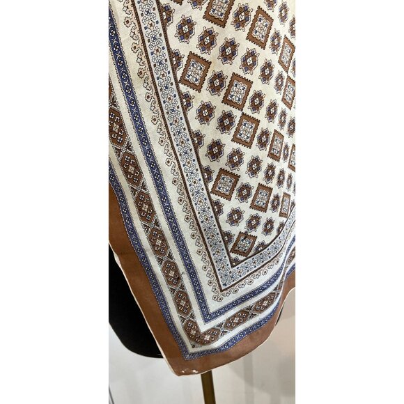 Vtg 1960's Silk Scarf Geometric And Paisley Pattern Blue Brown & Beige 32" x 31" - Picture 6 of 9
